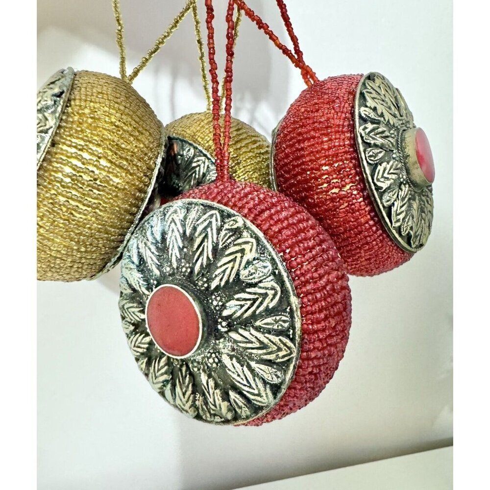 Lot 4 Ornate Beaded Christmas Ornament Vintage 4” Round Disc Jewel Decor Metal